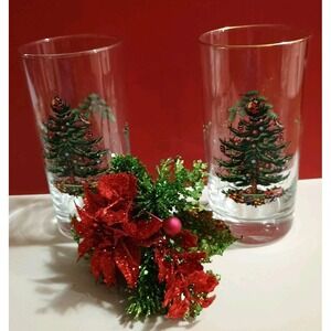 Pair Of Vintage SPODE Christmas Tree Glasses Tumblers Barware Gold Rim Highball